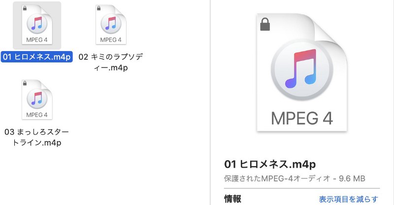 Apple Musicでダウンロードした曲は「保護されたMPEG-4オーディオ」として拡張子 .m4p になっていた